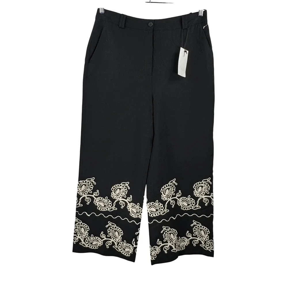 Zara Wide Leg Pants sz XXL Black Embroidered Linen Blend Paisley boho